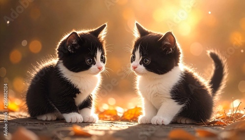 Fototapeta 秋のあたたかな日差しの中で向き合って座るかわいい2匹の白黒ハチワレ子猫