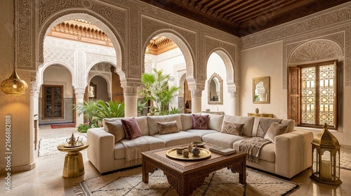 Luxurious Moroccan Courtyard Living Room with Arches and Ornate Details