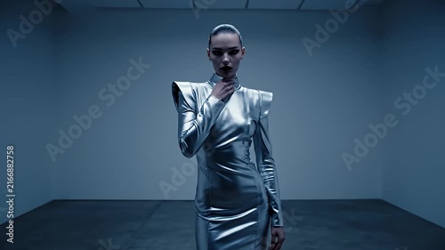 Woman wearing futuristic silver metallic chrome fashion dress.