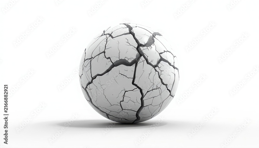 Fototapeta premium White cracked stone sphere with deep fissures and weathering texture on white background weathered stone fissure ball broken surface damaged globe ceramic cracks aged texture abstract object