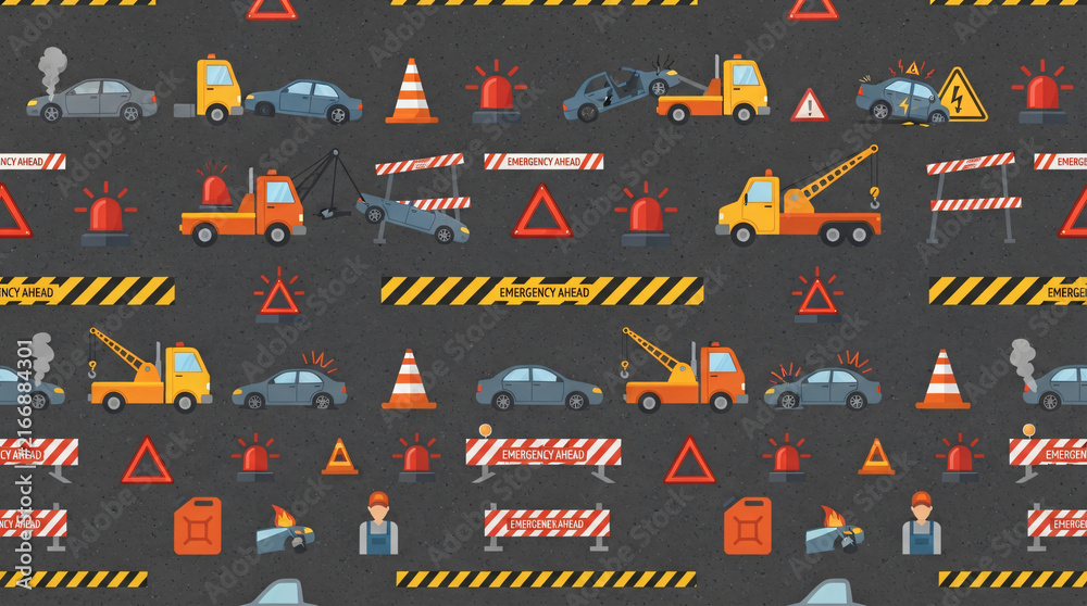 Road accident seamless pattern with flat vector tow trucks and warning cones. Emergency roadside assistance background for car insurance branding, towing service website, and safety print.