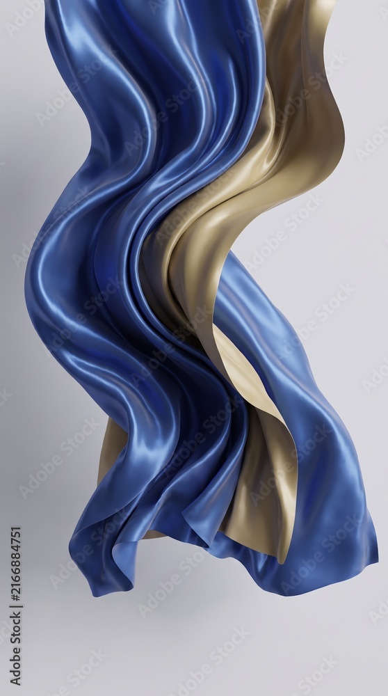 Obraz premium Abstract elegant blue and gold silk fabric floating in waves over white background 3D render