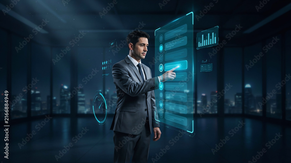 Fototapeta premium Business executive selecting a satisfaction option on a transparent virtual interface with glowing checklist and review graphics, representing client feedback and service quality