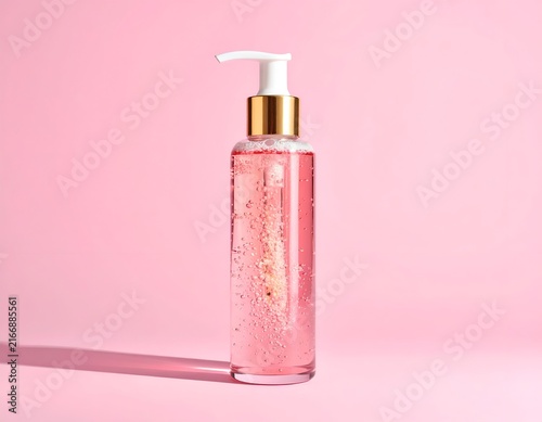 Pink pump bottle isolated on pink backdrop.