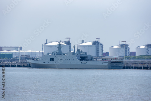 Canvas Print Chinese naval warship docked along the Yangtze River, highlighting China's military and maritime presence near Shanghai