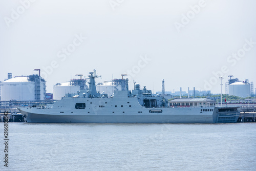 Photography PLA Navy warship moored beside the Yangtze River in the Shanghai region of China