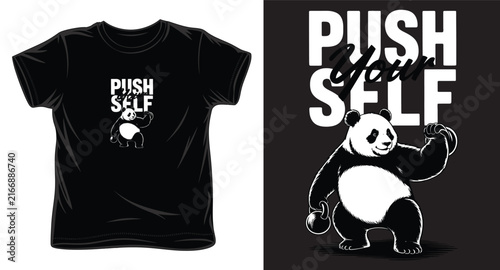 Push yourself panda bear t-shirt design with kettlebell workout graphic.