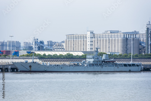 Photography Chinese military vessel berthed at a riverside facility on the Yangtze near Shanghai