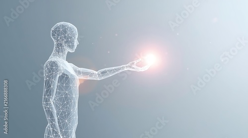 Futuristic wireframe human figure holding glowing light orb in hand, 3D digital render concept for artificial intelligence machine learning and modern technology