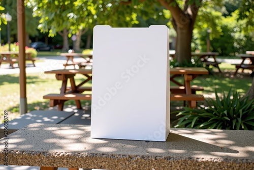 White paper bag sits on stone bench
