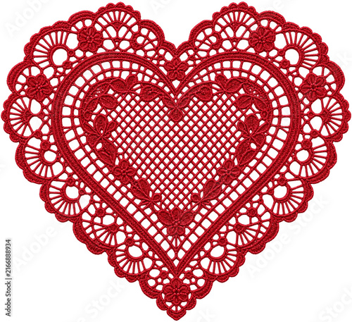 Intricate red crochet lace heart doily, romantic textile decoration with floral pattern isolated