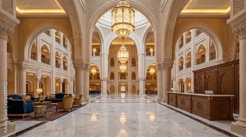 Luxurious Hotel Lobby Interior with Grand Arches and Chandeliers
