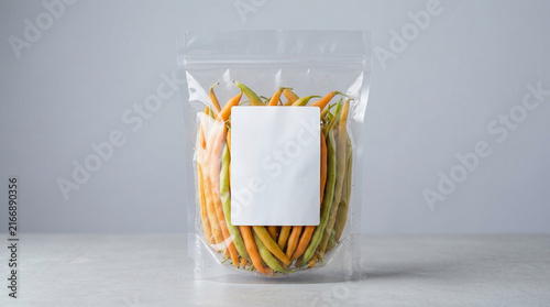 Yellow Wax Beans in Transparent Pouch with Blank Label Mockup for Organic Food Packaging and Branding