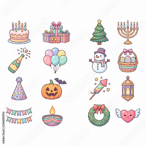 Set of cute hand drawn holiday and celebration icons.