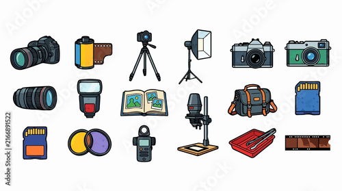 Set of hand drawn photography equipment icons.