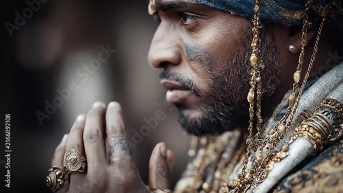 Man in blue turban praying with hands together