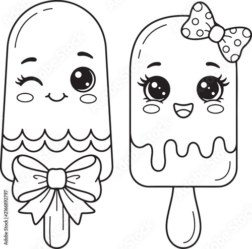 Canvas Print Smiley Face Ice Cream and Sundae Coloring Pages – Kawaii Dessert Doodle Outline