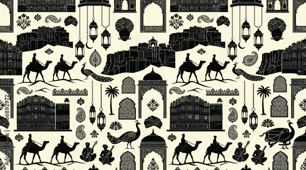 Fototapeta premium Decorative beige and black camel pattern with arches and palm motifs.
