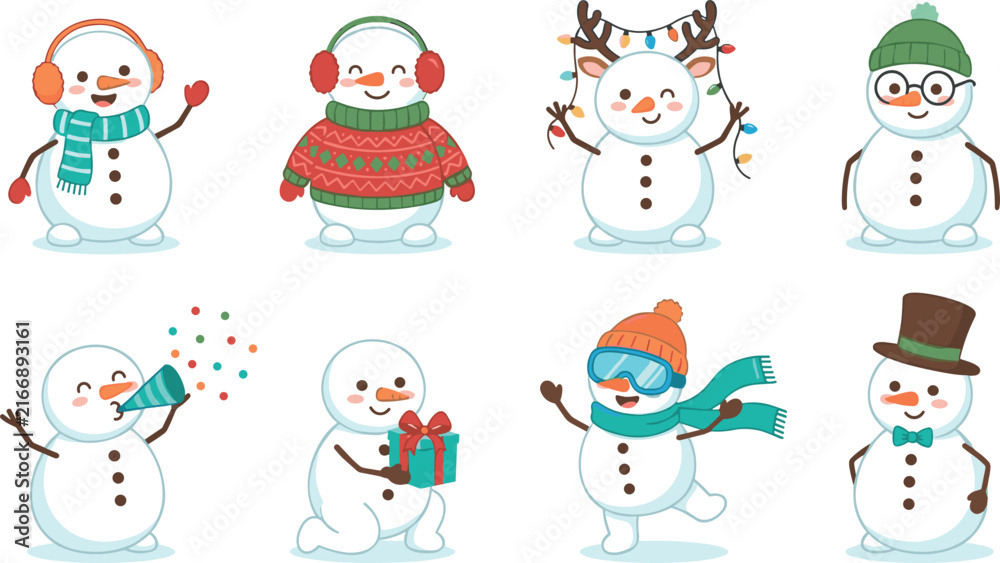 Fototapeta premium Cute Christmas Snowman Character Icon Set with Festive Winter Apparel Gifts and Holiday Costumes for New Year and Xmas Graphic Illustration Designs