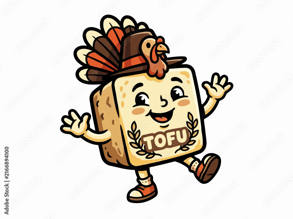 Fototapeta premium Cute tofu mascot wearing a turkey hat flat vector illustration for vegan Thanksgiving holiday and plant-based dinner concept isolated on white background