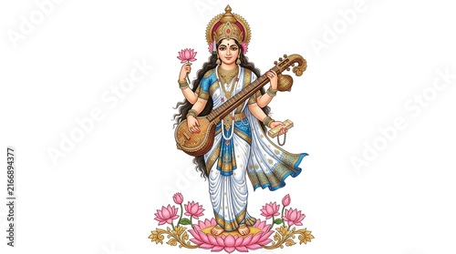 Saraswati goddess playing veena lute instrument standing gracefully on lotus flower