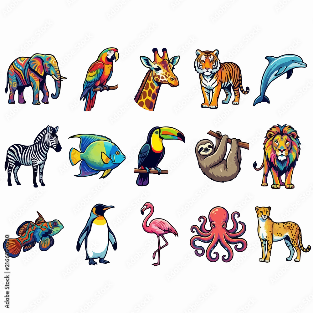Naklejka premium Colorful Artistic Animal Illustrations Set.