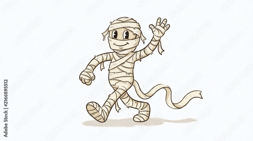 Fototapeta premium Retro Cartoon Mascot Illustration Mummy Character One Bandage Trailing Loose Walking Arm Raised