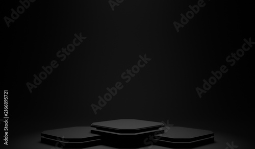 Dark minimalist product podium stage with three black platforms