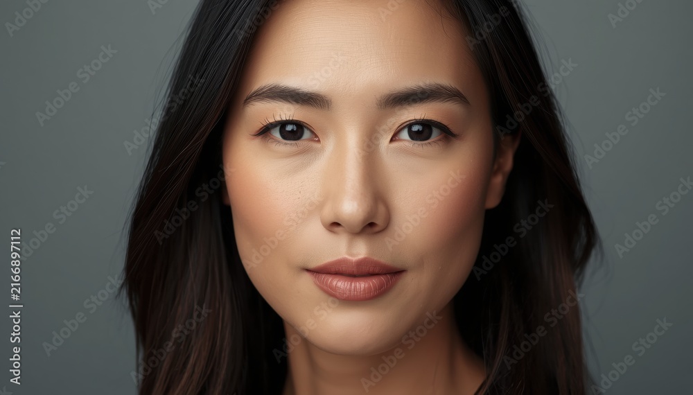 Fototapeta premium Close-up portrait of a confident young woman with smooth skin, dark hair, and natural makeup against a neutral gray background.