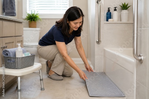 Daughter preparing bathroom for safe home recovery