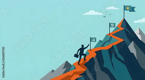 Deep Orange Mountain Trail with Rugged steps, Climbing Businessman Silhouette, Summit Flag Goal, Strategic Roadmap Flat Vector, Text Space on Top Right
