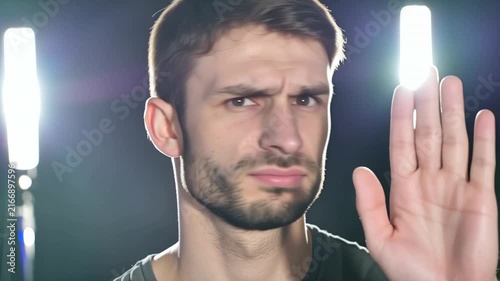 People - European man looking at camera and showing stop hand gesture in studio
