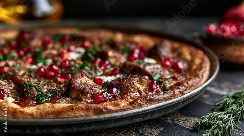 Savory baked pizza topped with roasted meat pieces and fresh pomegranate seeds