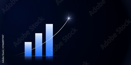 Vibrant glowing blue bar chart ascending upward toward a brilliant sparkling star against a dark navy background, perfect for corporate financial presentation designs.