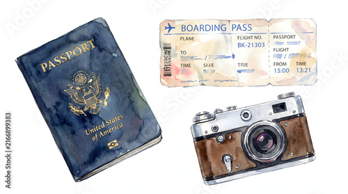 Watercolor illustration of USA passport, boarding pass, and vintage camera for travel planning