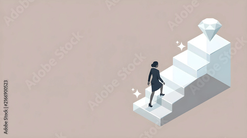 Clean White Glass Stairs with 5 steps steps, Walking Businessman Silhouette, Diamond Goal, Strategic Roadmap Flat Vector, Text Space on Bottom Right
