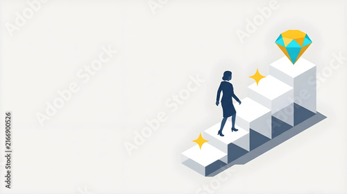 Clean White Glass Stairs with 5 steps steps, Walking Businessman Silhouette, Diamond Goal, Strategic Roadmap Flat Vector, Text Space on Bottom Right
