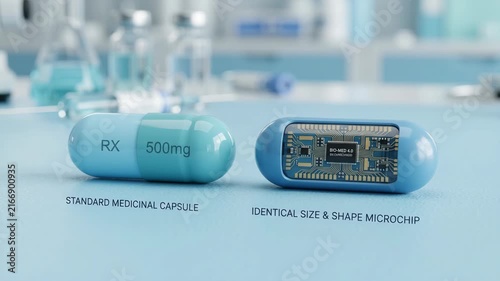 Personalized medicine ai capsule microchip dosage healthcare smart drug delivery technology precise treatment innovation blue lab concept