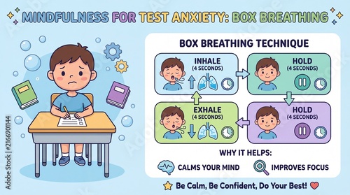 Educational Infographic of Mindfulness Box Breathing Technique for Students Dealing with Test Anxiety and School Stress
