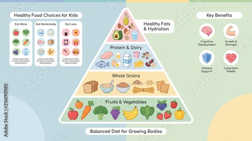 Healthy Food Pyramid Infographic for Kids Balanced Diet and Nutrition Education Poster