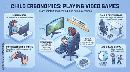 Child Ergonomics for Playing Video Games Infographic with Healthy Posture Tips