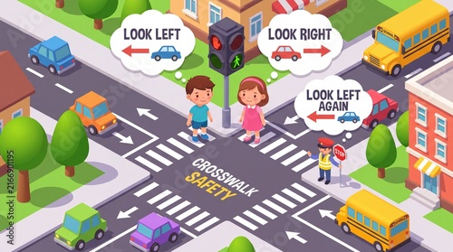 Isometric Illustration of Kids Learning Crosswalk Road Safety Rules in Urban City Street