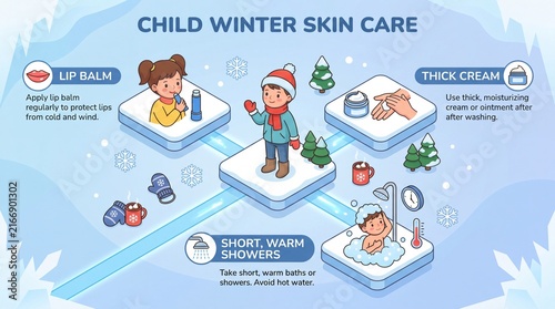 Isometric Child Winter Skin Care Tips Infographic with Lip Balm, Moisturizing Cream, and Warm Shower Advice