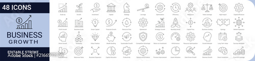 Business growth and financial strategy icon set. collection of investment, capital, scalability, optimization, efficiency, productivity, value creation, and revenue growth icons. editable stroke.