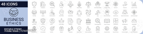 business ethics and corporate governance icon set. collection of integrity, compliance, transparency, responsibility, sustainability, diversity, justice, and ethical leadership icons. editable stroke.