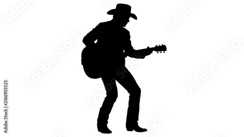 Silhouette of cowboy playing guitar on white background.