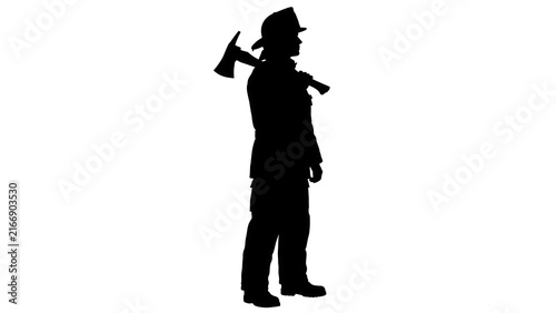 Silhouette of firefighter with axe white background.