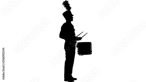 Silhouette of drummer playing on white background.