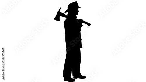 Silhouette of firefighter with axe white background.