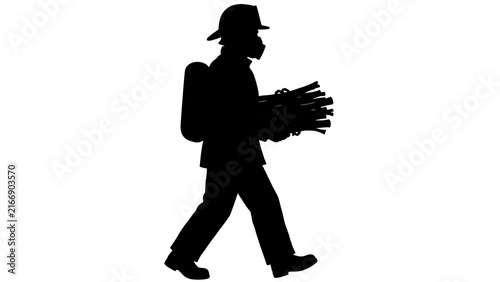 Silhouette of man carrying sticks white background.